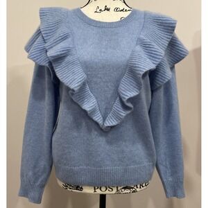 FILORO 2 PLY 100% CASHMERE Ruffle Sweater Size Medium Periwinkle Sky Blue Luxury